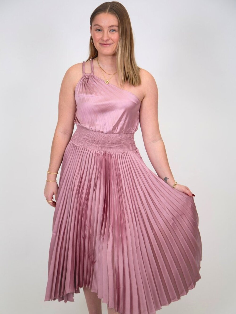 Pleated One Shoulder Midi Dress | Blush